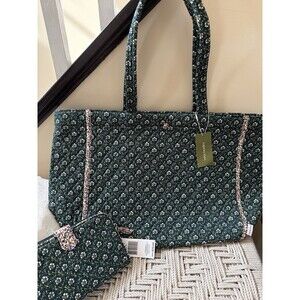 Vera Bradley Hathaway Tote Bag Mistletoe Lattice & Large Wallet Green Set NWT
